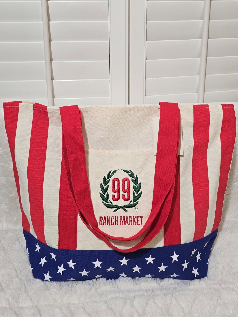 Red &Cream  Striped Tote Bag with Blue Star
